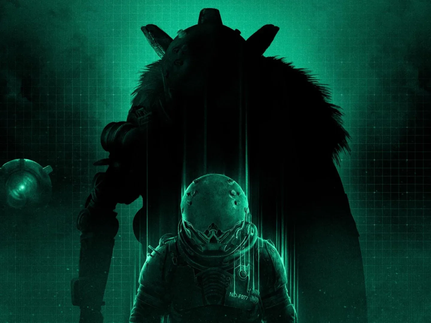 Key art for Cronos: Lazarus showing The Traveler with a distorted silhouette of The Warden behind them - lit with a green light