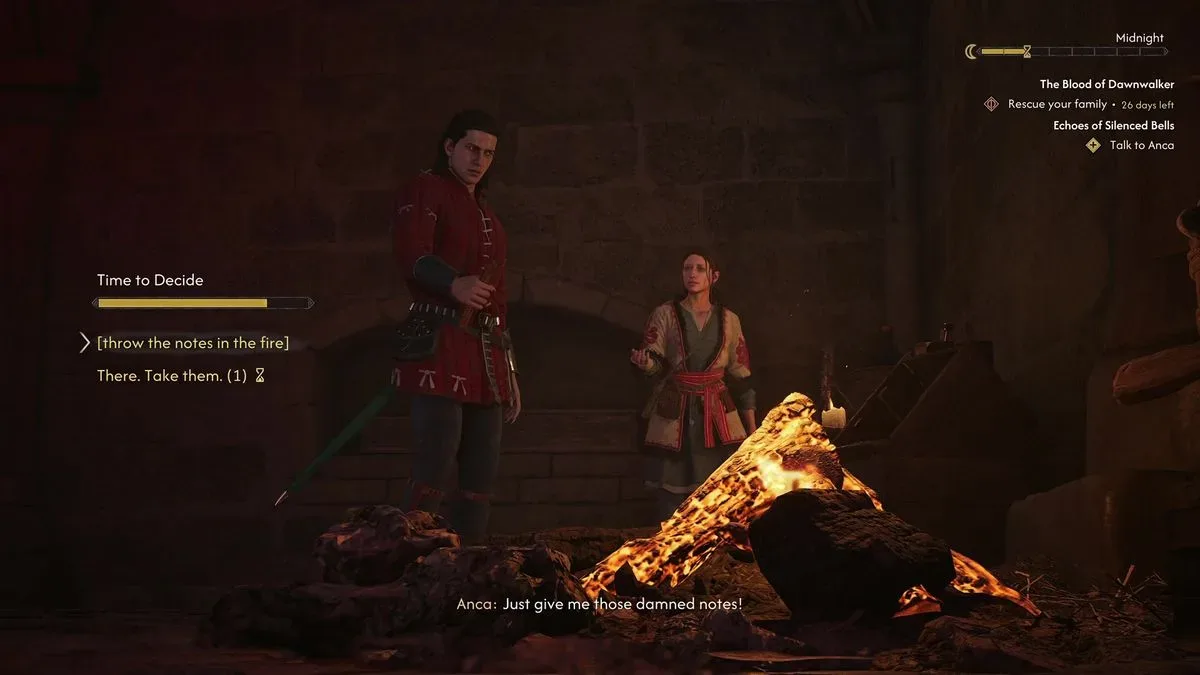 Choosing whether to throw the notes in the fire The Blood of Dawnwalker