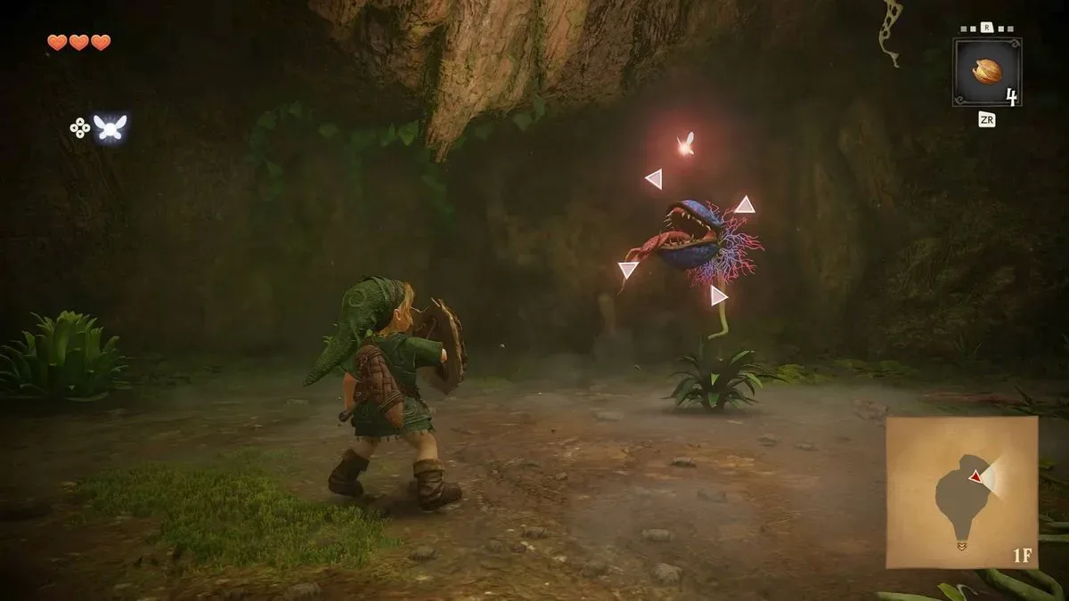 Zelda Ocarina of Time remake screenshot with Link Z-targeting a Deku Baba.
