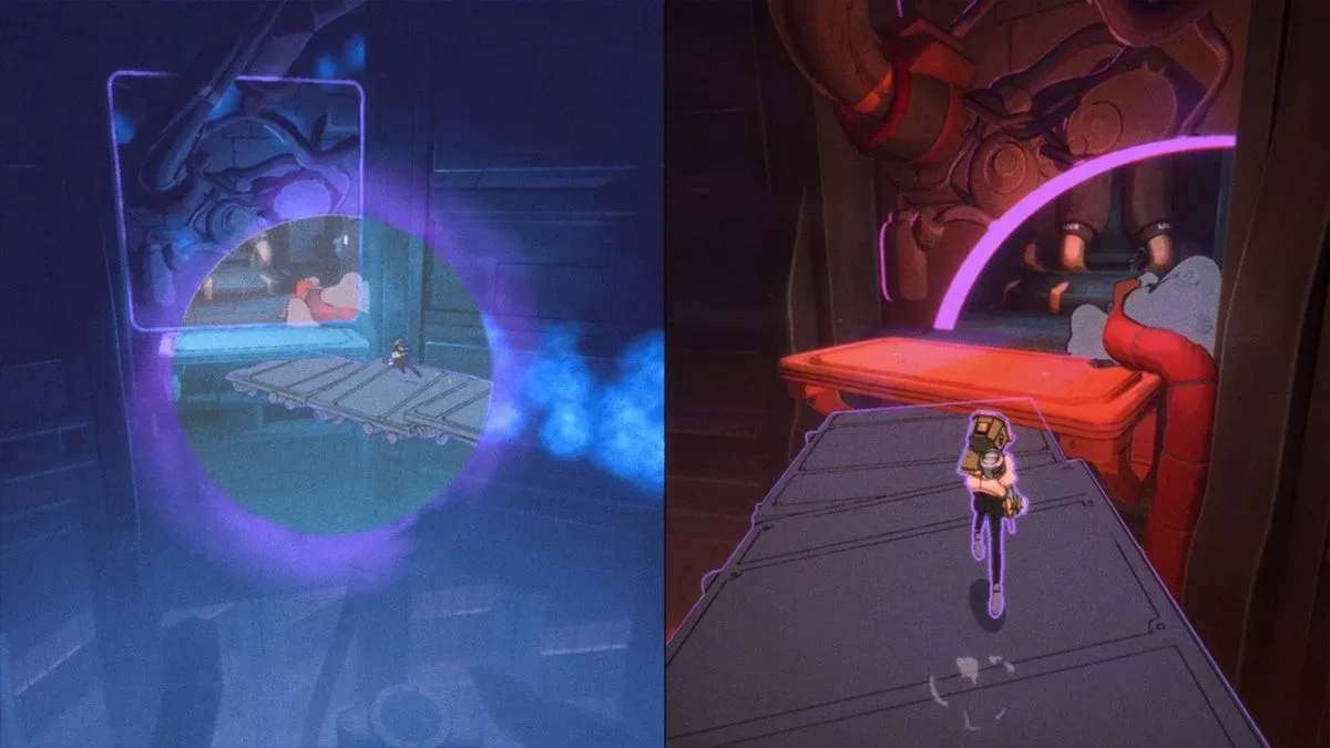 Maki and Omura platform through a level in Orbitals in split-screen