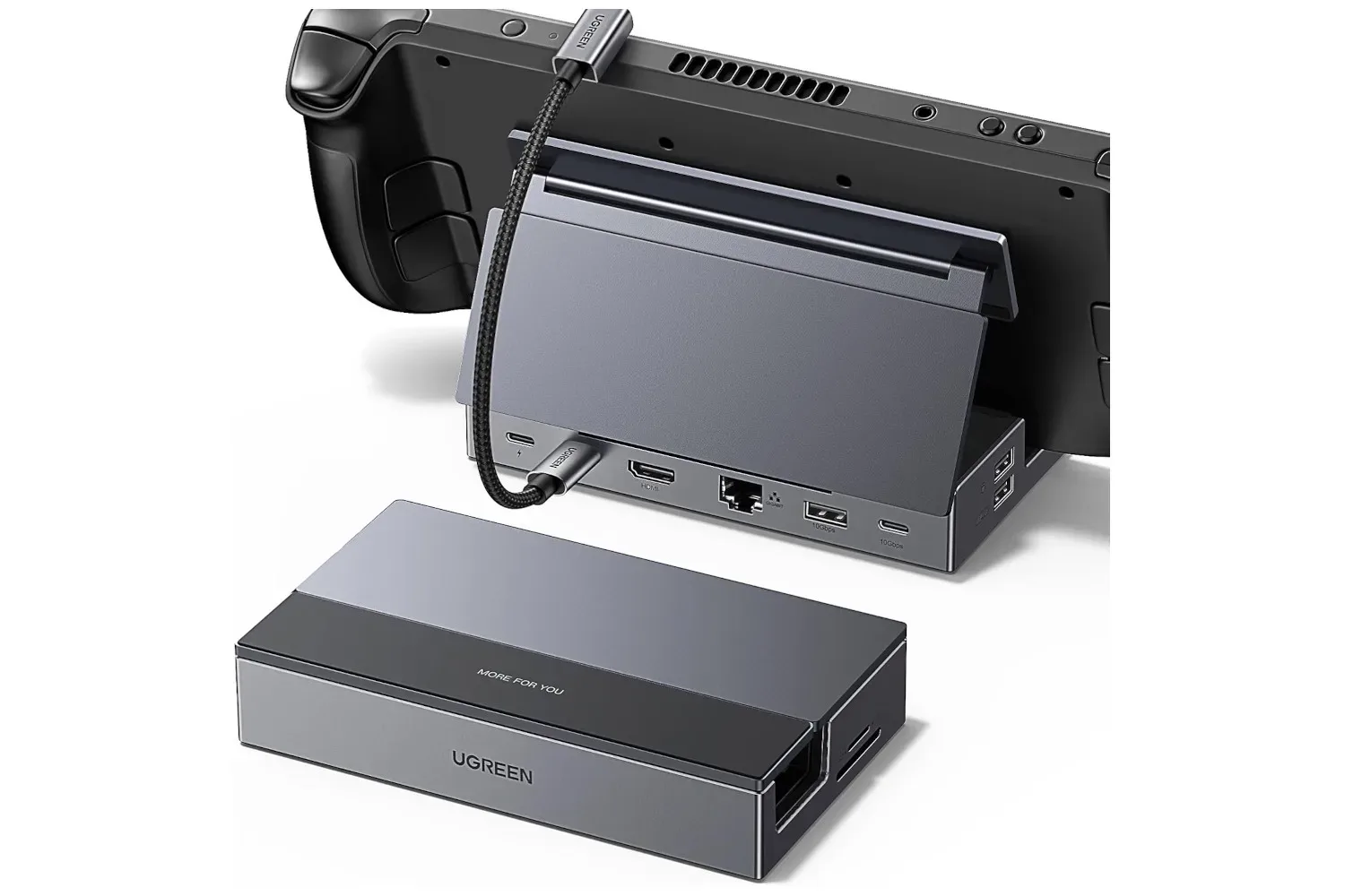 UGREEN foldable 9-in-1 dock positioned for a Steam Deck handheld PC