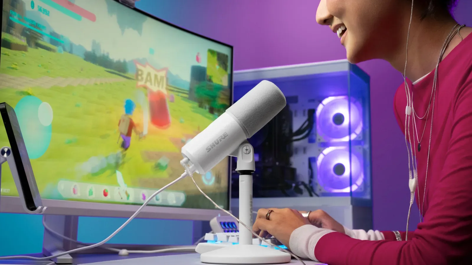 Shure MV6 Gen 2 USB Gaming Microphone in its all-white finish on a desktop stand