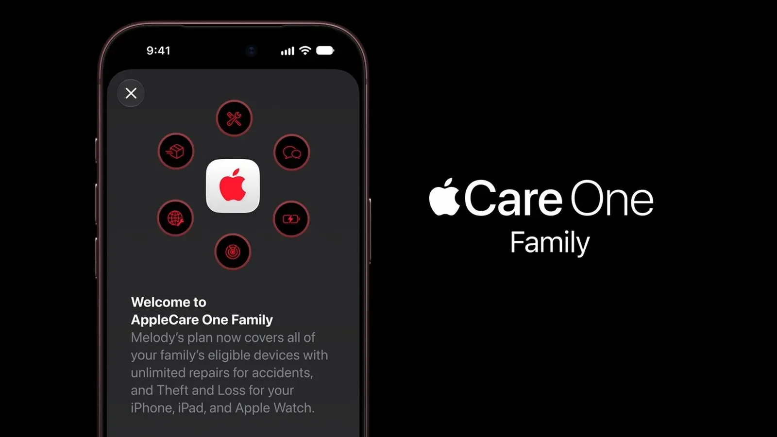An iPhone, iPad, Apple Watch, and Mac arranged as a family device lineup