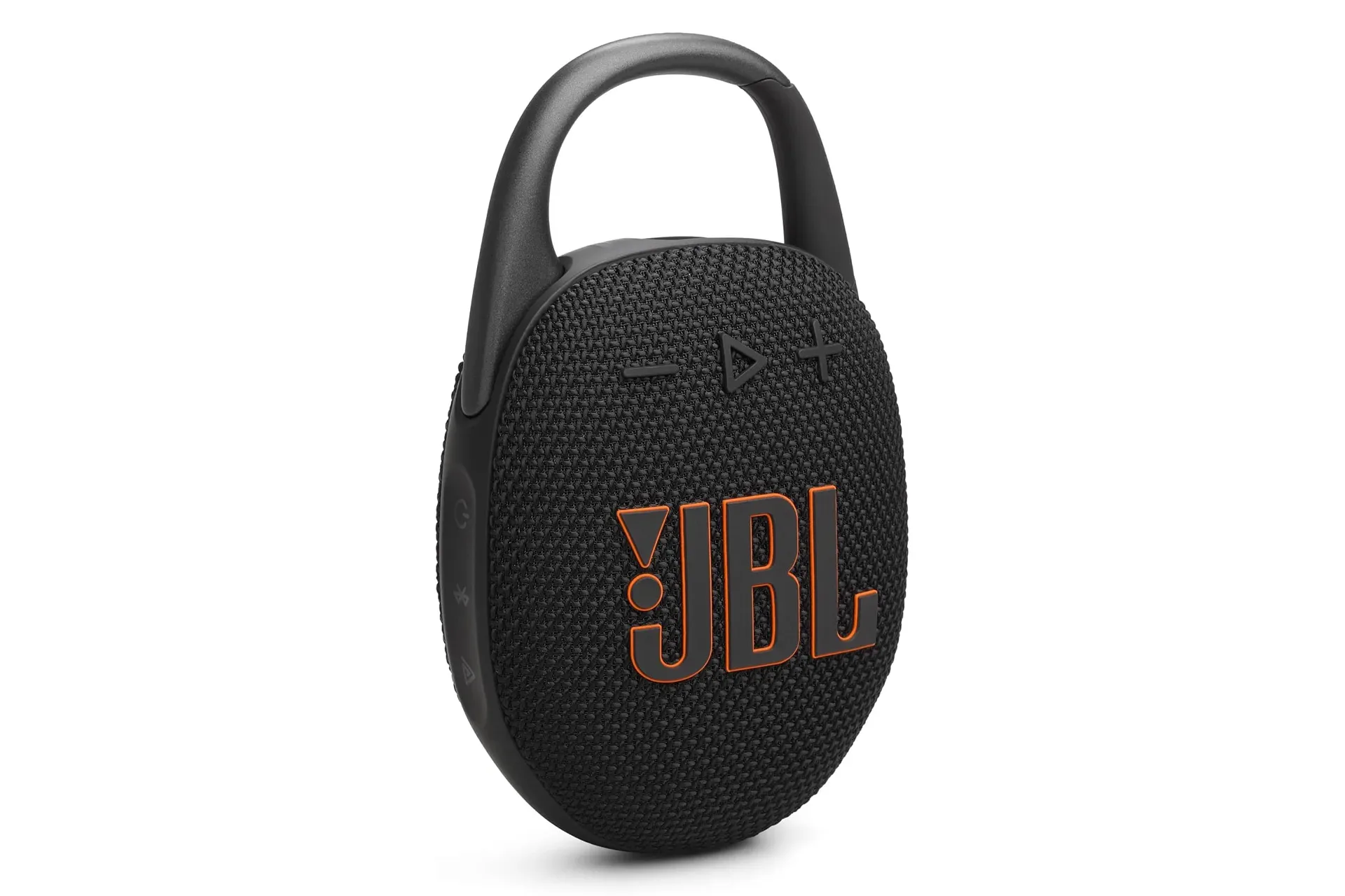 Black JBL Clip 5 portable Bluetooth speaker with integrated carabiner