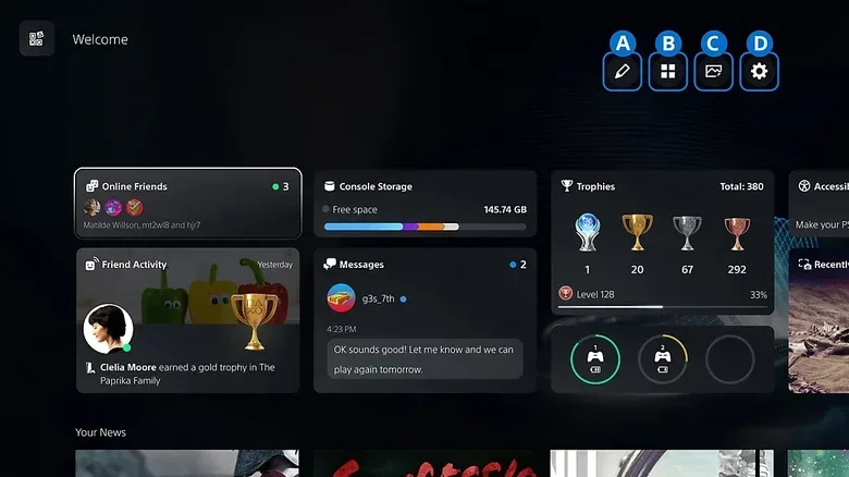 PS5 Welcome Hub showing Online Friends, Console Storage, Trophies, Friend Activity and Messages widgets.