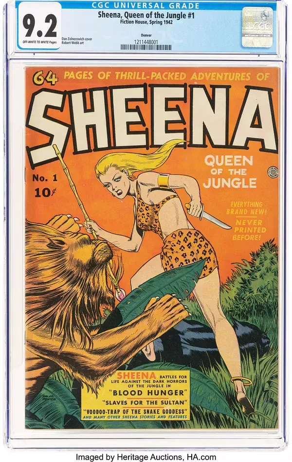 Sheena, Queen of the Jungle #1 (Fiction House, 1942) front cover by Dan Zolnerowich. Sheena faces a lunging lion with a spear and knife beneath the title lettering.
