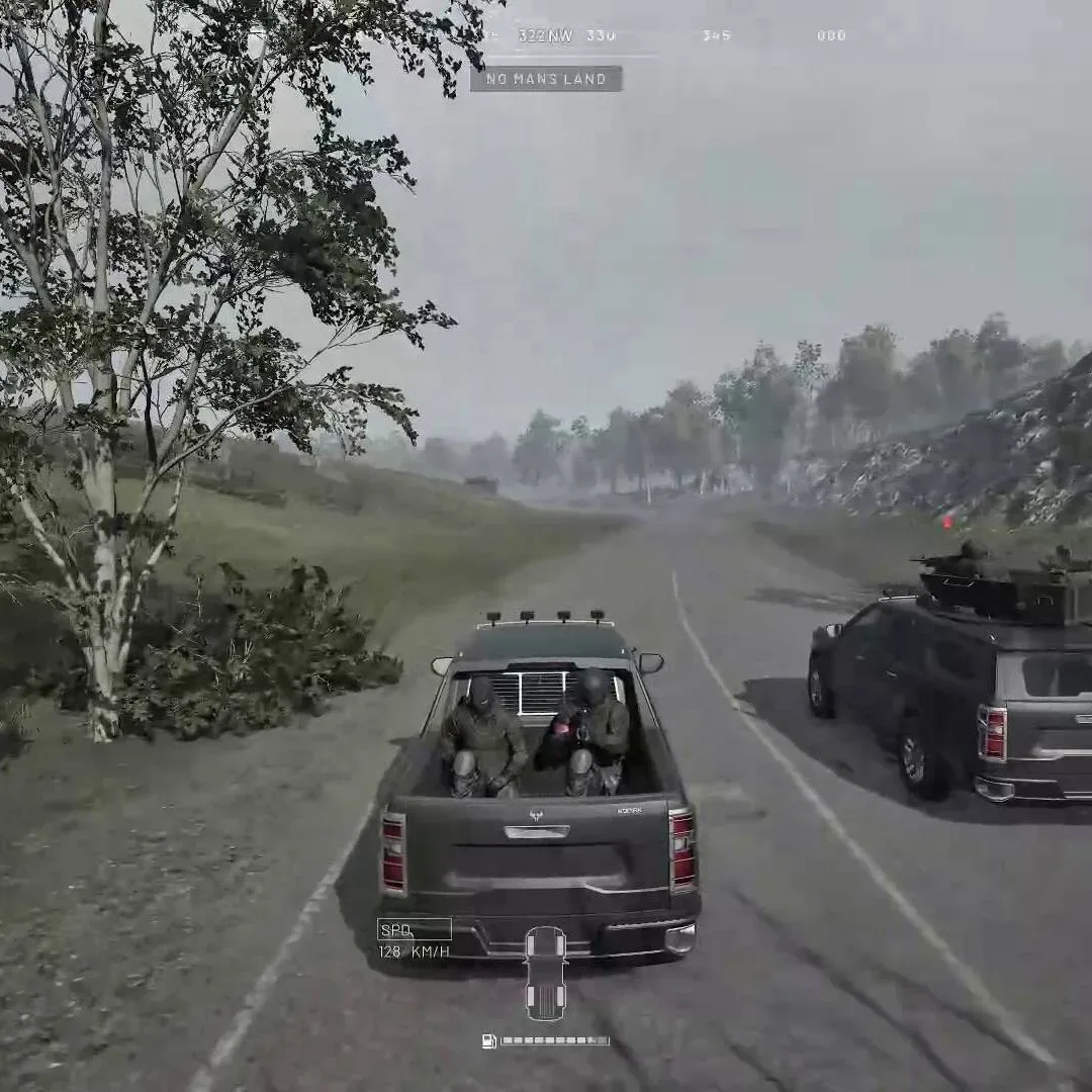 Wardogs player driving Kodiak truck full of passengers with other Kodiak truck with mounted machine gun driving parallel