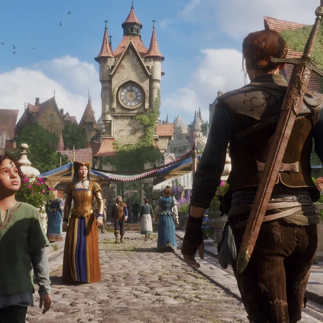 The Hero walks through a quirky, fairytale-looking town in Fable (2027) for Xbox Series X filled with citizens, with a big clocktower in the distance