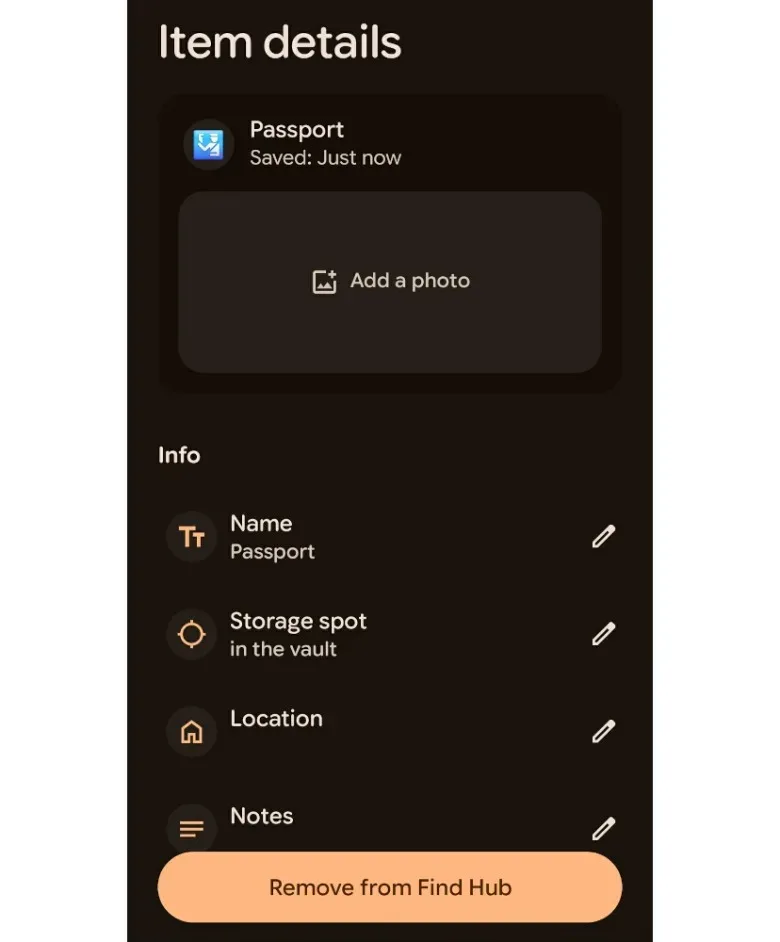 Find Hub Remembered tab with notes and a photo attached to an item