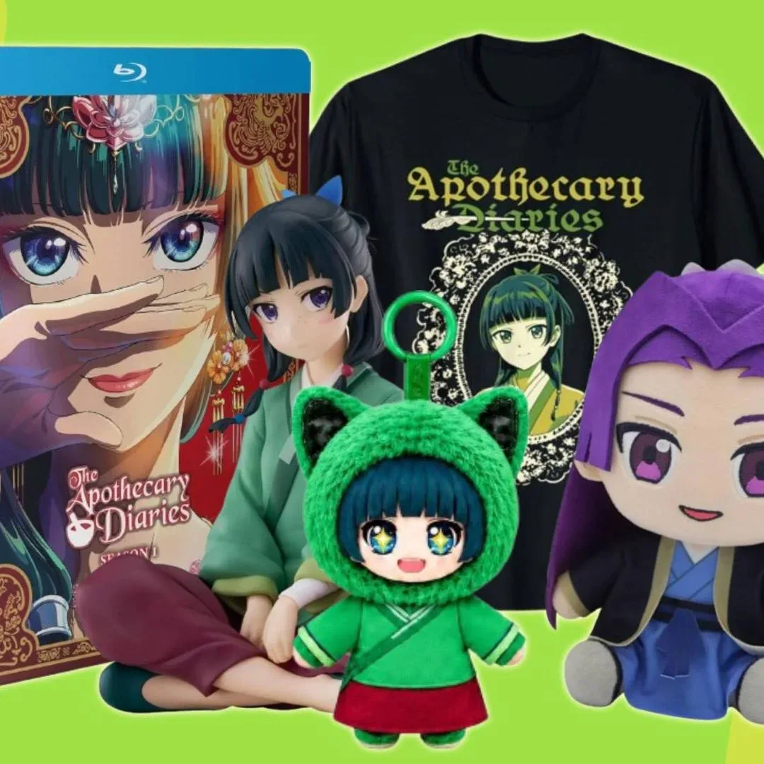 The Apothecary Diaries character merchandise including a Maomao plush and themed chopsticks