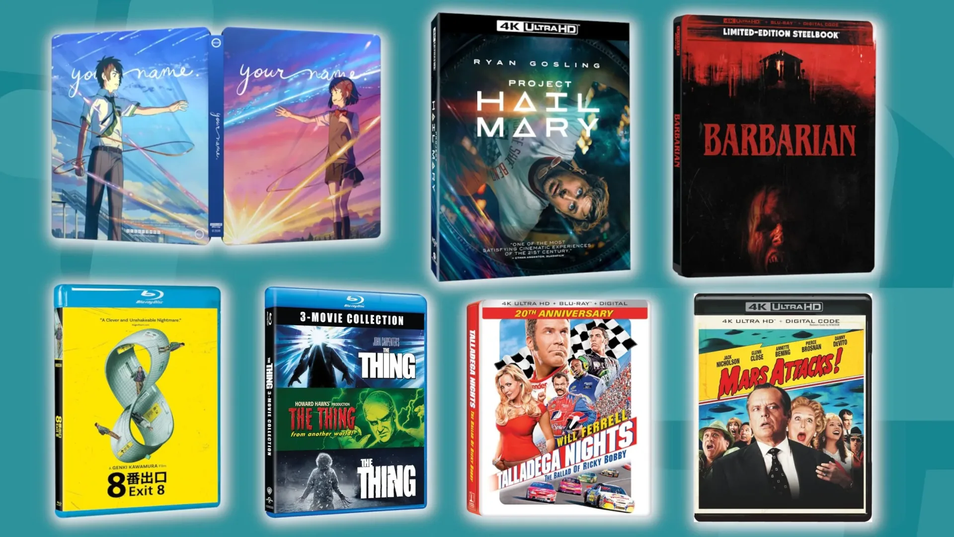 A shelf of Blu-ray and 4K Ultra HD movie cases