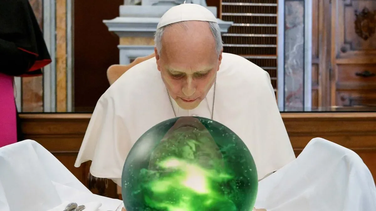 Pope Leo XIV receiving a large green hand-blown Murano glass sphere that resembles Final Fantasy Materia