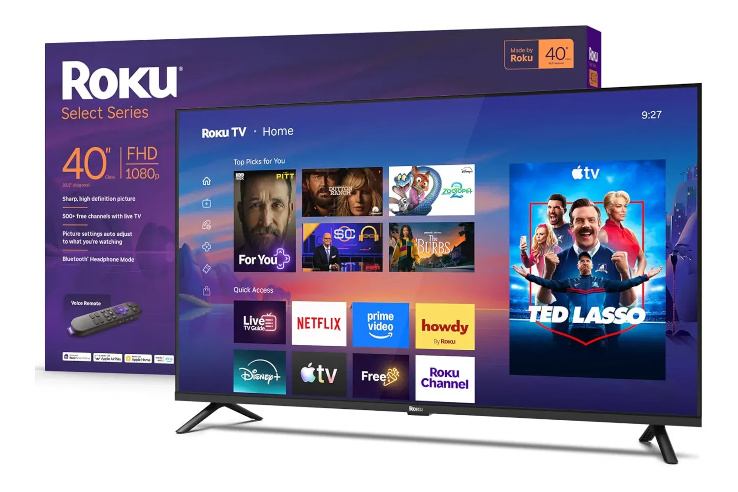 Roku Select 40-inch smart TV displaying the Roku home screen