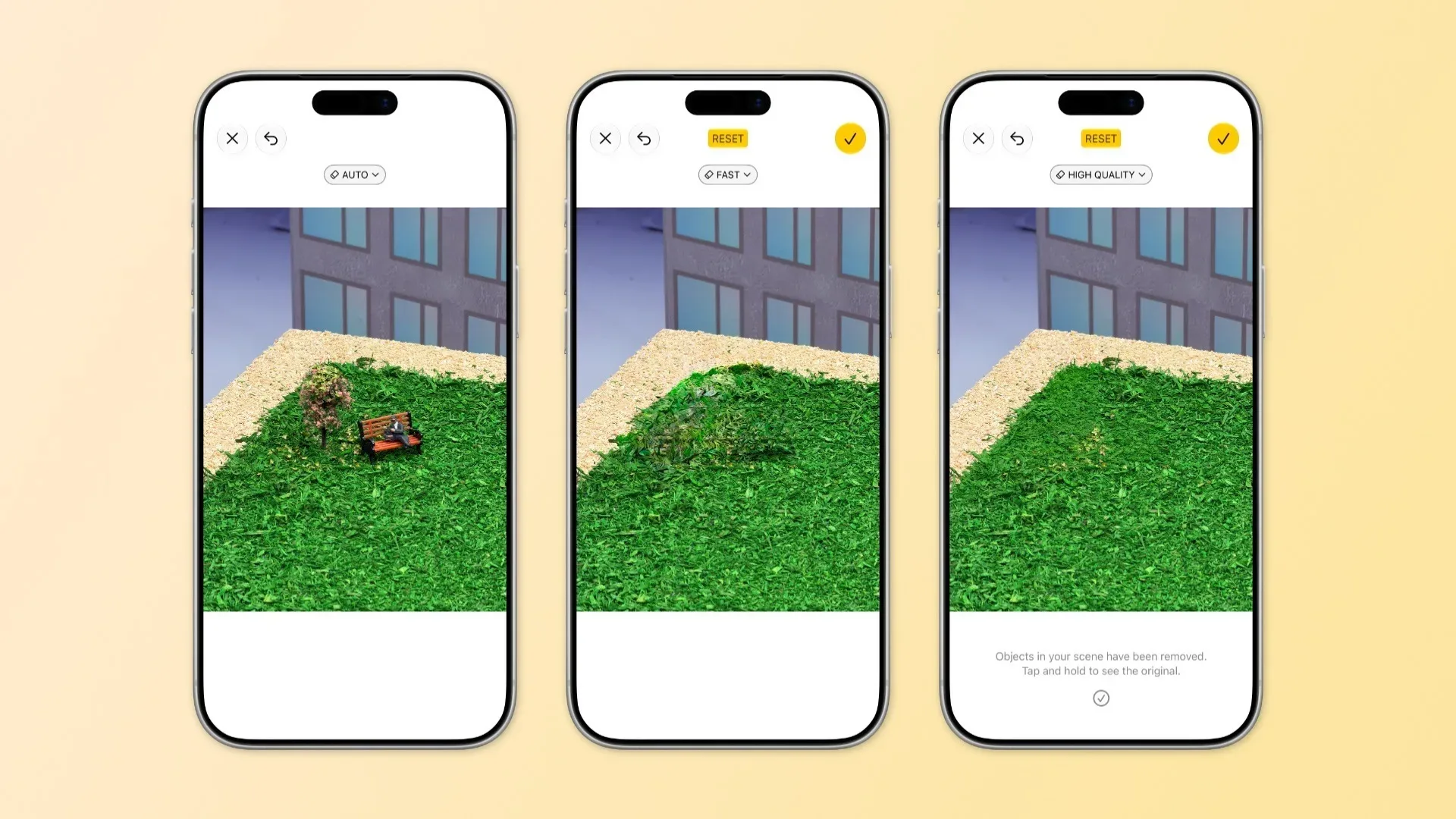 Original photo (left) vs. Fast edit (center) vs. High Quality edit (right)
