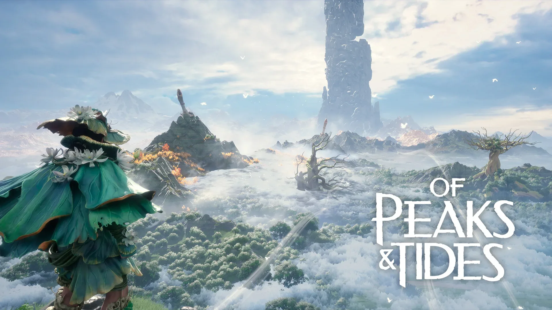 Of Peaks and Tides shows a fantasy Everland landscape with towering mountains and roaming mythic creatures