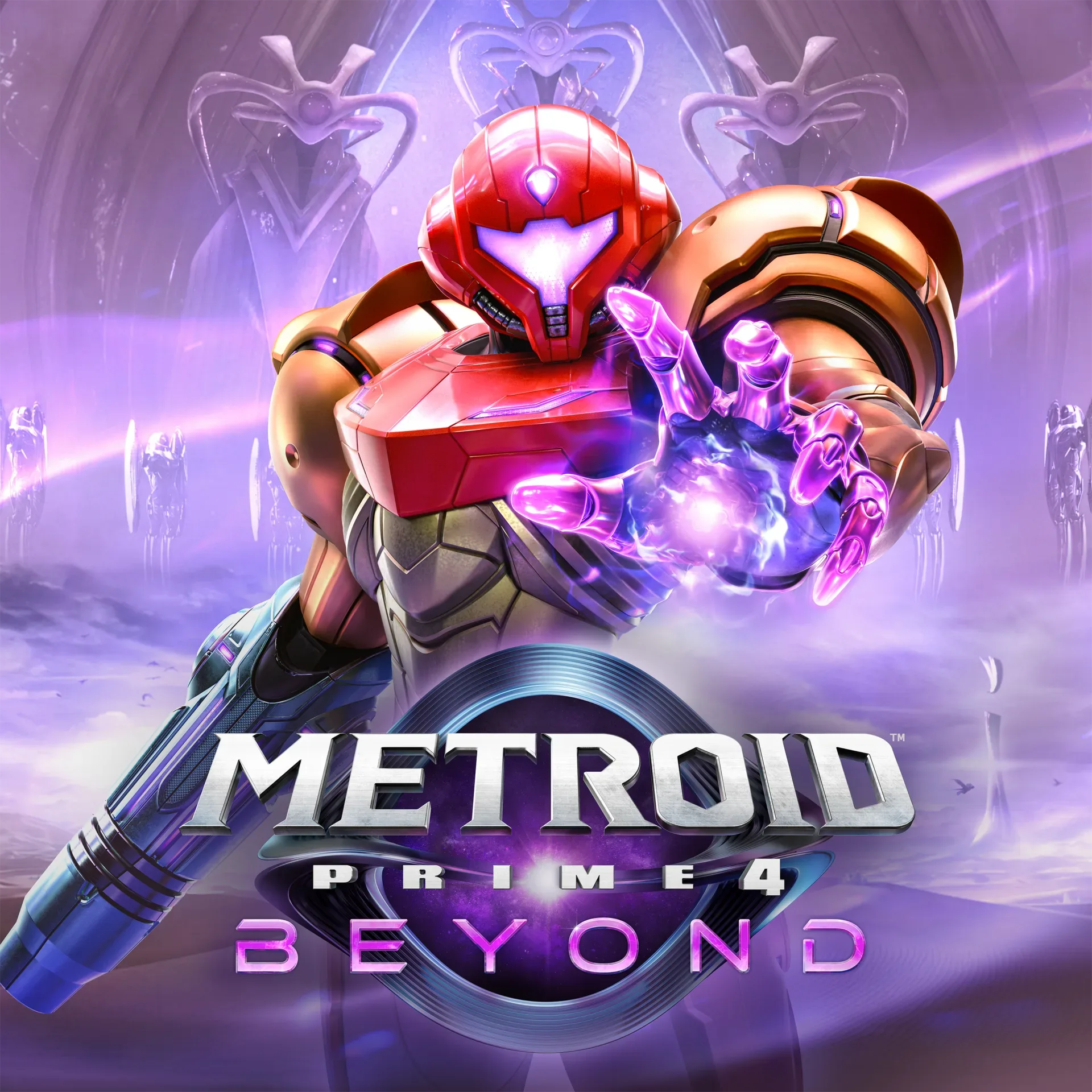 Samus Aran in her power suit with a purple glow surrounding her Arm Cannon