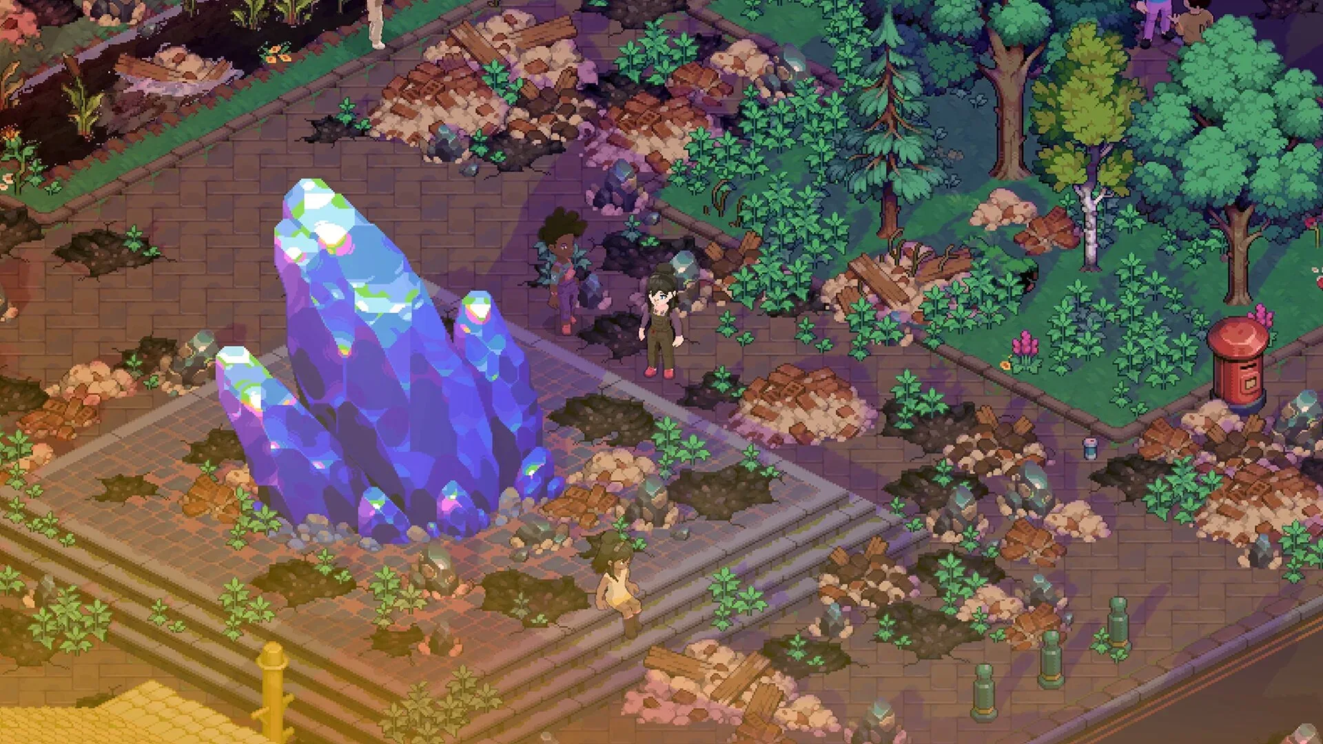 Moonfrost Frost Hunter using meteor materials to rebuild a settlement