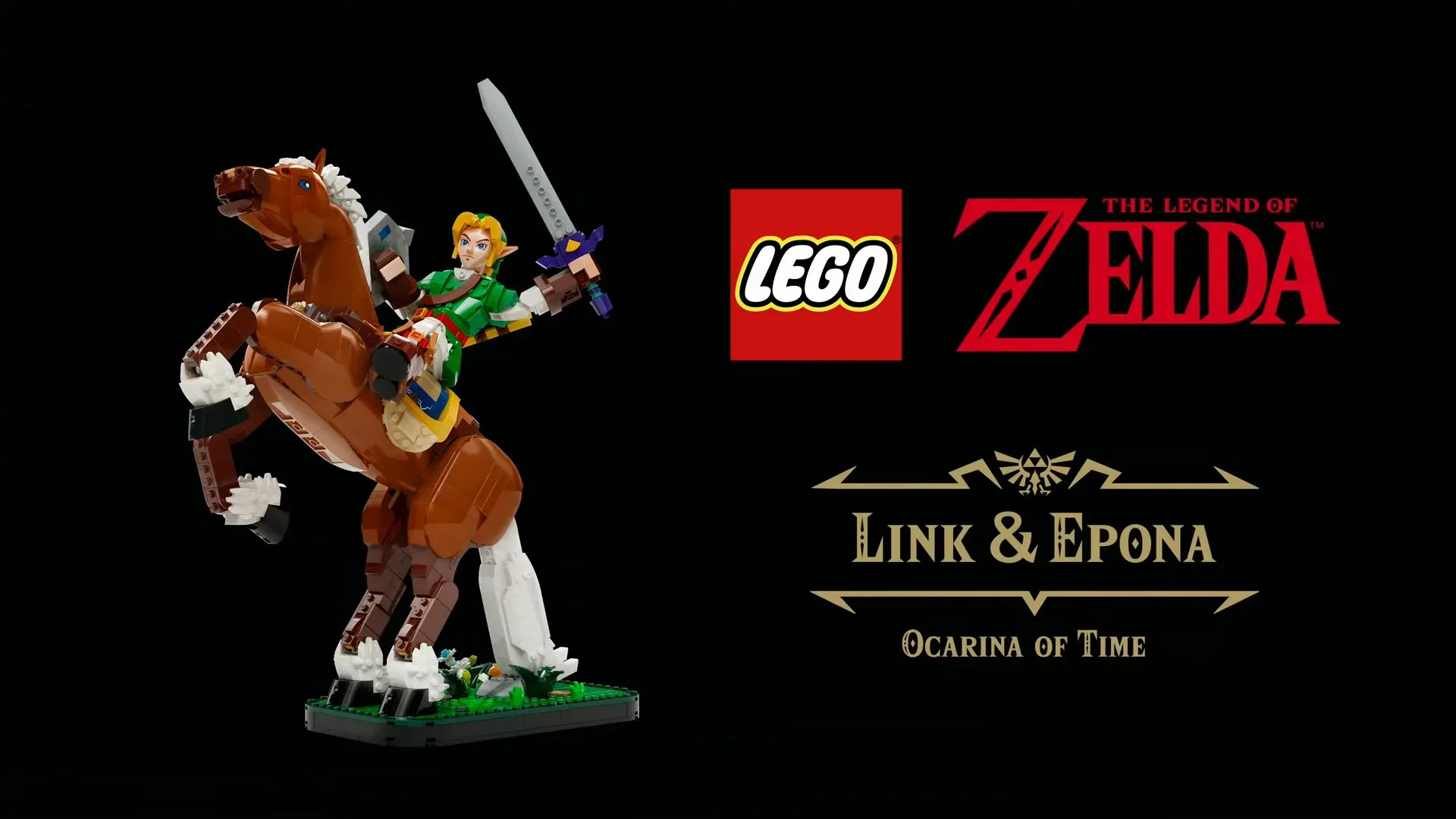 LEGO model of Link riding Epona from The Legend of Zelda
