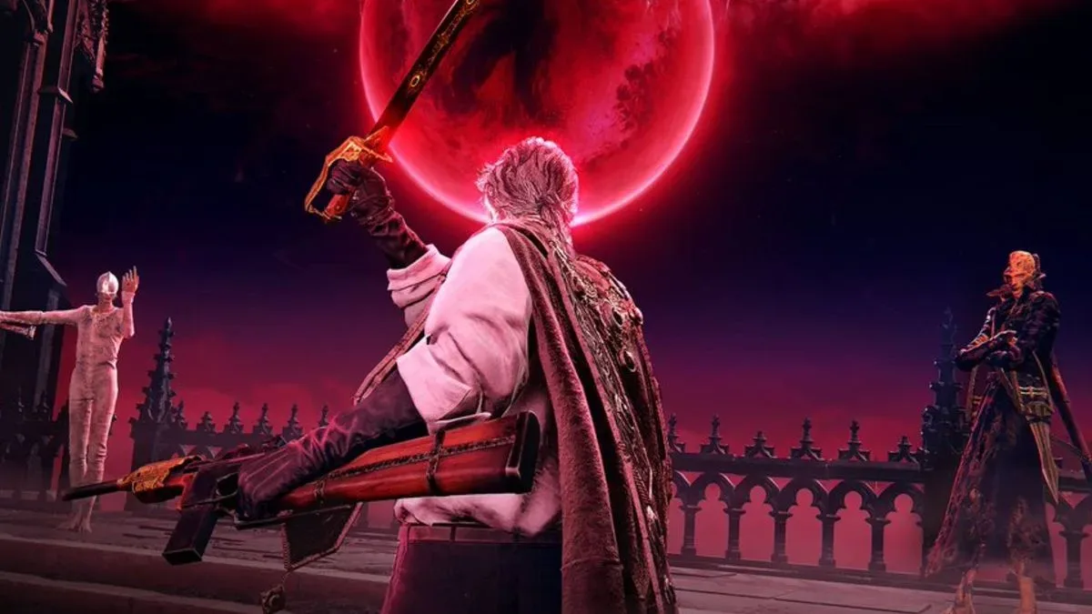 The Duskbloods screenshot shows a character wielding a gun and sword, facing two foes against a red moon.