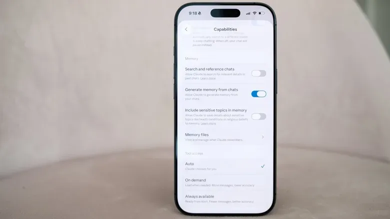 Mobile AI app memory files menu with topic controls