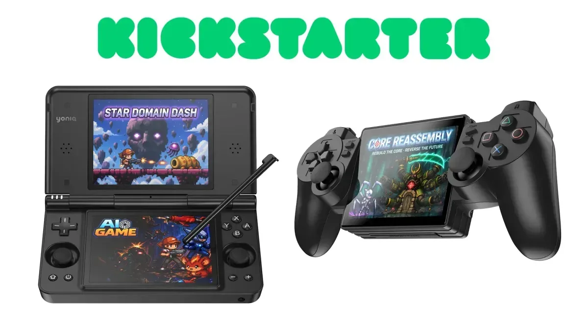 Yoniq Duo dual-screen handheld shown ahead of a planned Kickstarter campaign