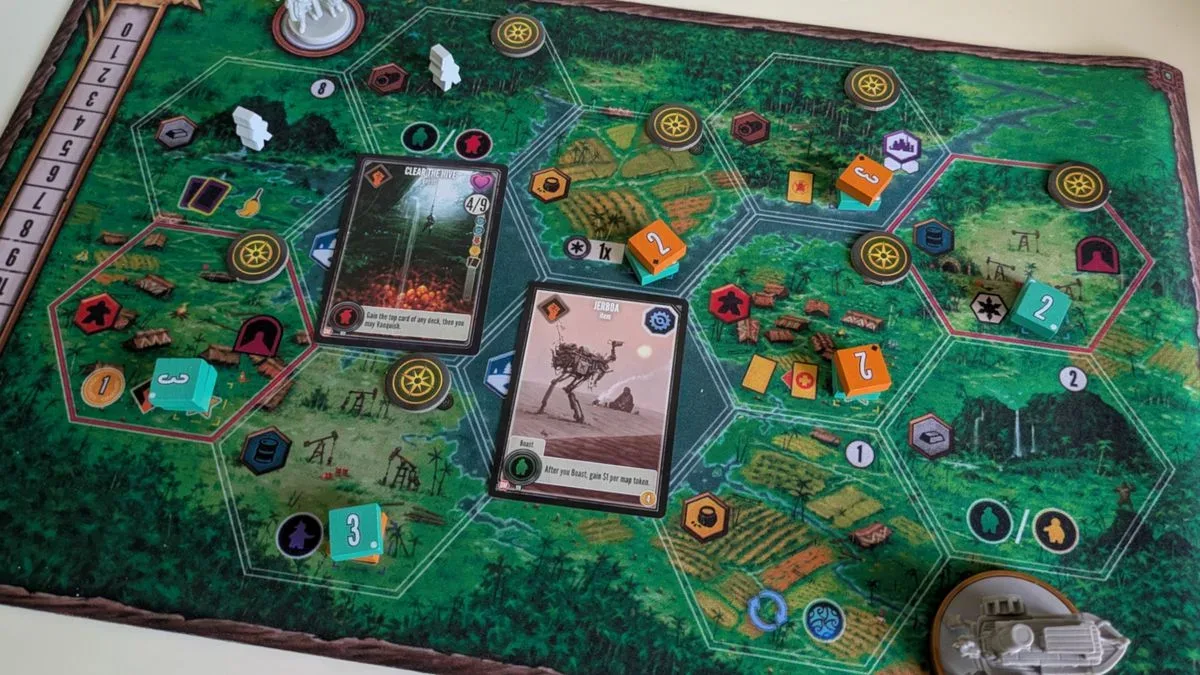 Duel of Meloch shared hex map with Scythe and Expeditions icons