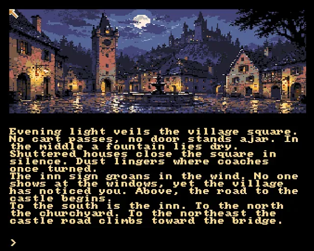 A player types a command in Dracula, DJSOFT’s illustrated text adventure