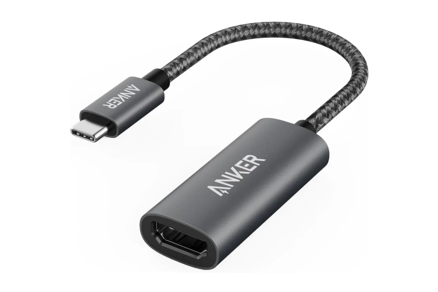 Anker 310 USB-C to HDMI Adapter connected between a laptop and an HDMI display