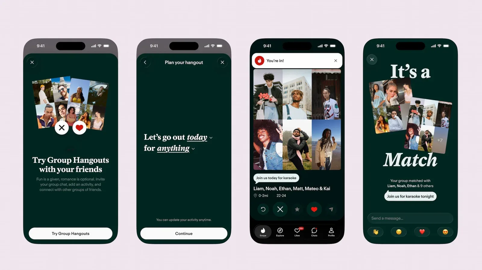 Tinder group hangouts concept showing friends planning an activity-based meetup