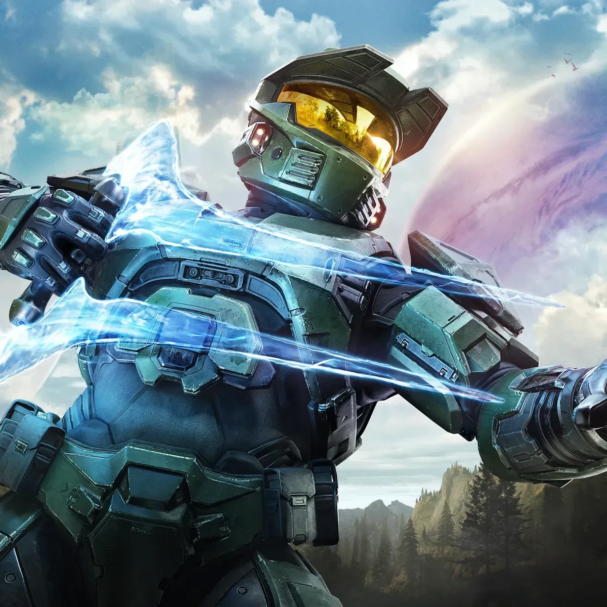 Master Chief-style armored sci-fi soldier overlooking a Halo-inspired battlefield