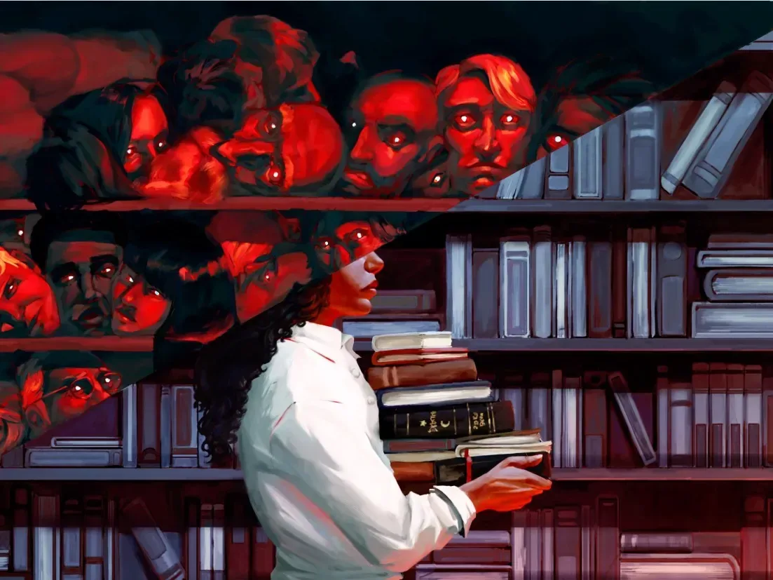 Bookshelves in a dark library, reflecting the horror and book-sorting premise of Something Is Wrong With the Library