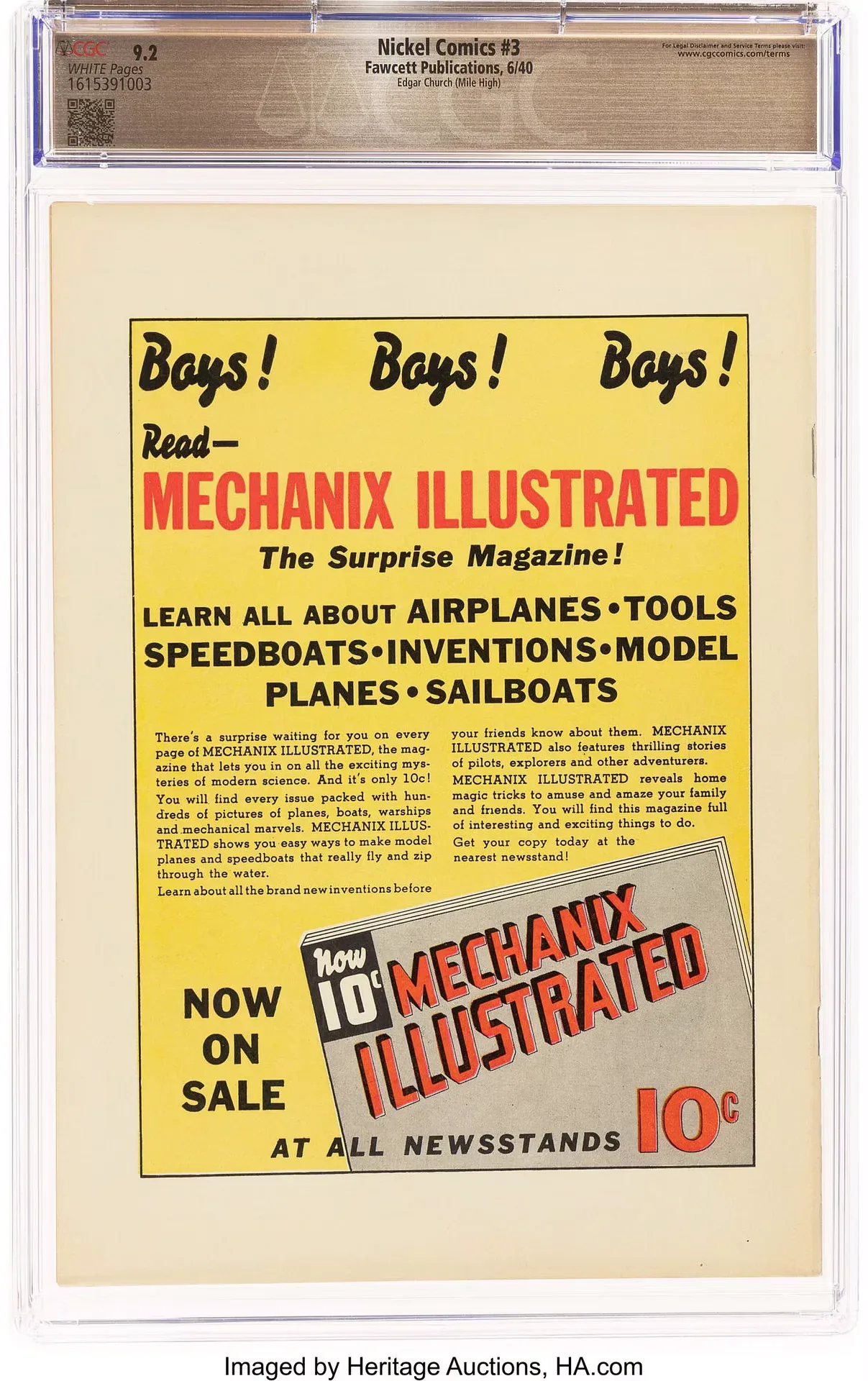 Nickel Comics #3 (Fawcett, 1940) back cover in its CGC holder. A yellow, red and black advertisement promotes the ten-cent Mechanix Illustrated magazine.