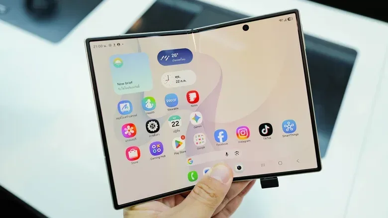 A phone shown folded, unfolded and half-open to illustrate foldable layouts