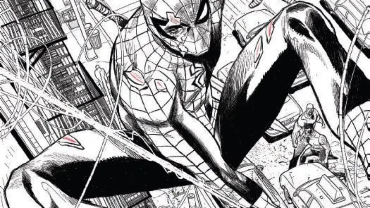Spider-Man with a damaged eye lens and a sword in an unlettered Avengers #2 preview