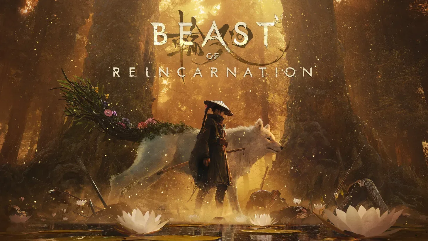 Emma wielding her katana beside wolf companion Koo in Beast of Reincarnation