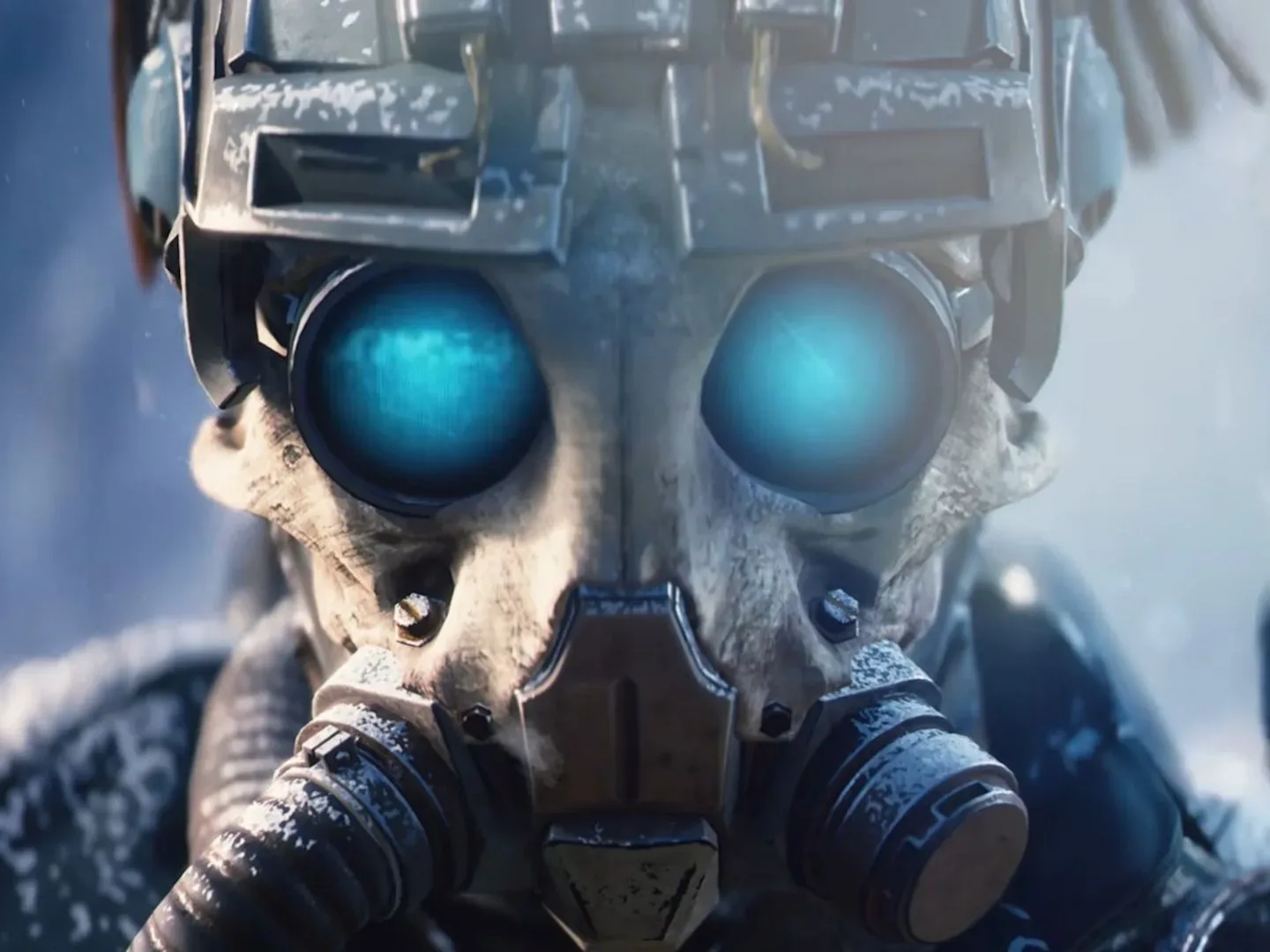 Arc Raiders player in skull helmet with blue lens eyes