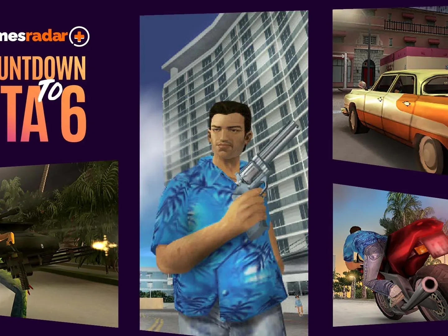 A collage of GTA Vice City screenshots including Tommy wielding guns and driving cars through the sunny location, with the Countdown to GTA 6 GamesRadar+ branding