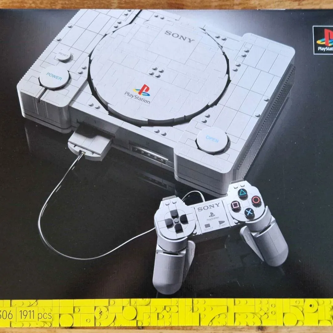 Brick-built replica of the original PlayStation console with its lid open