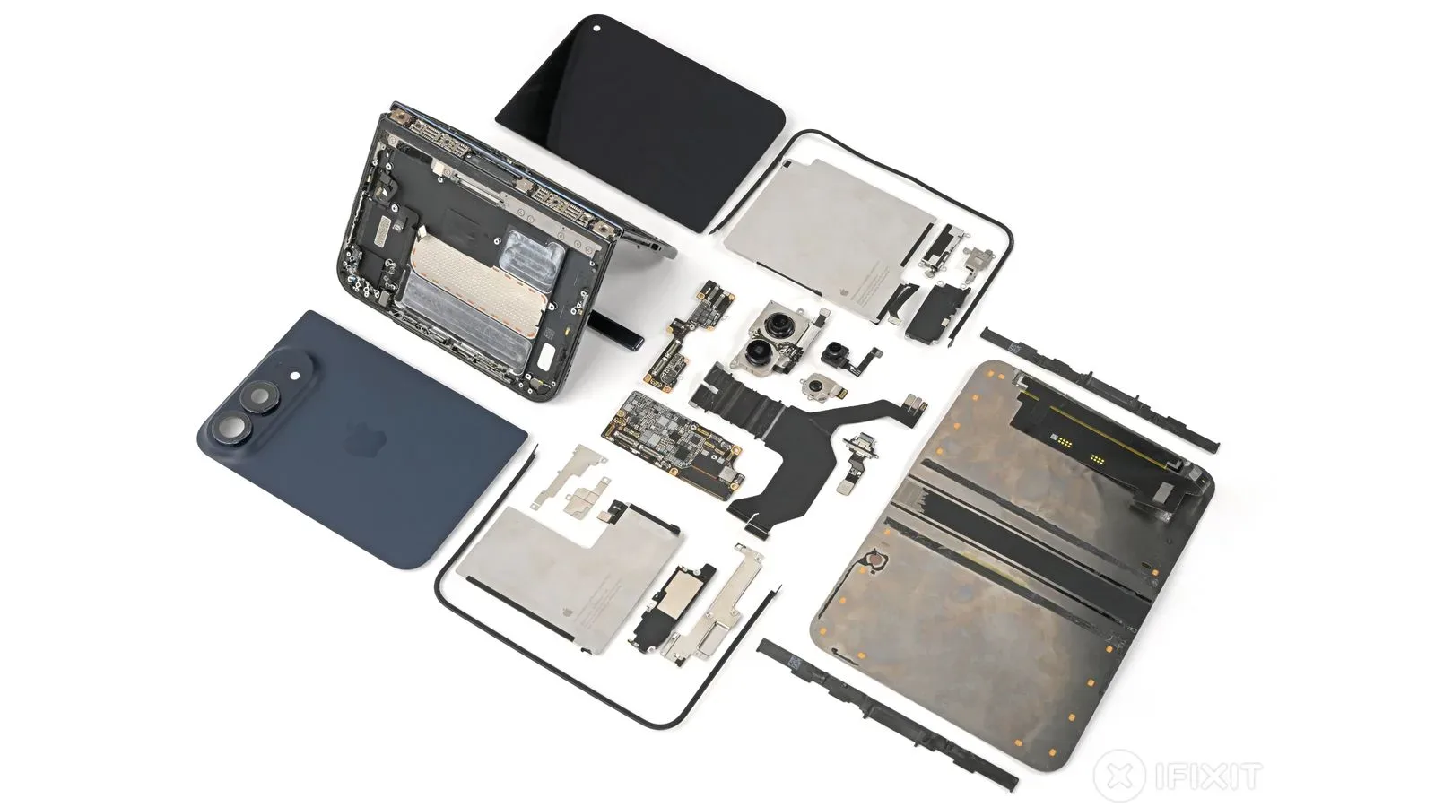 Close-up of an iPhone Duo hinge during a teardown