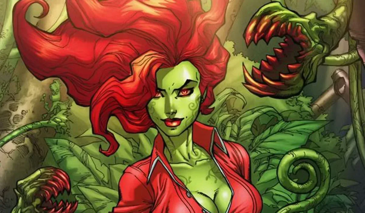 Poison Ivy comic-book character artwork with leafy green imagery