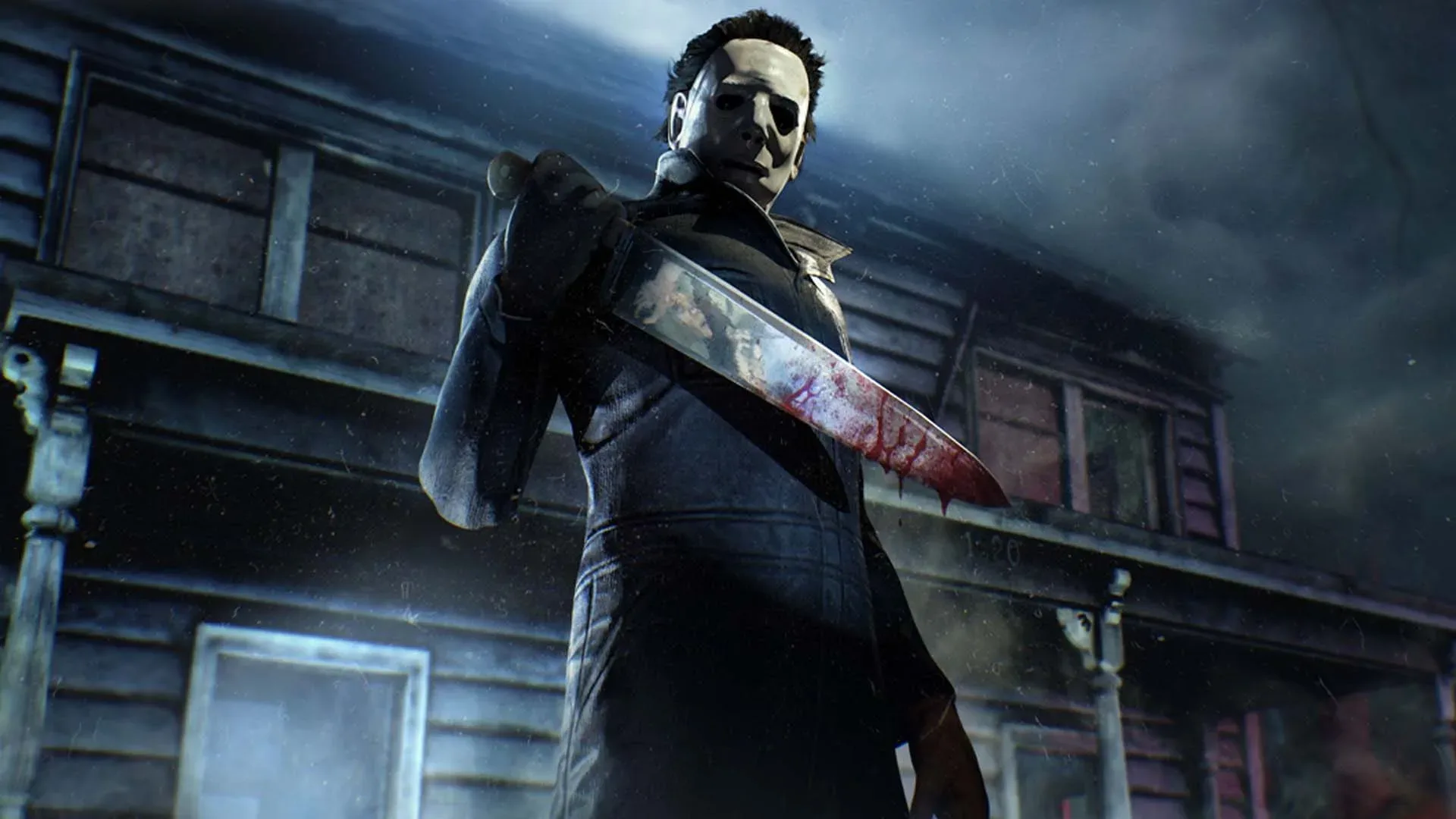 A man stands with a bloody knife.