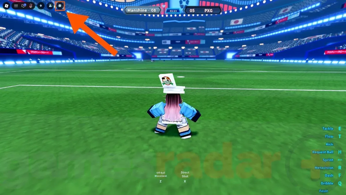An orange arrow points to the Goalbound codes button while a pink-haired player stands in goal.
