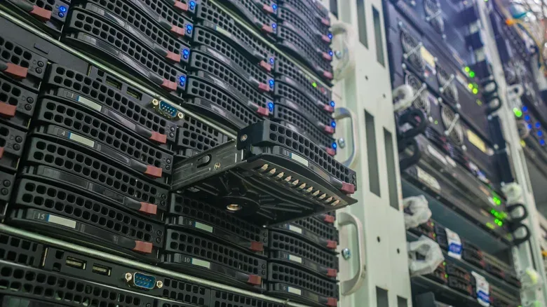 A rack with multiple RAID arrays installed.
