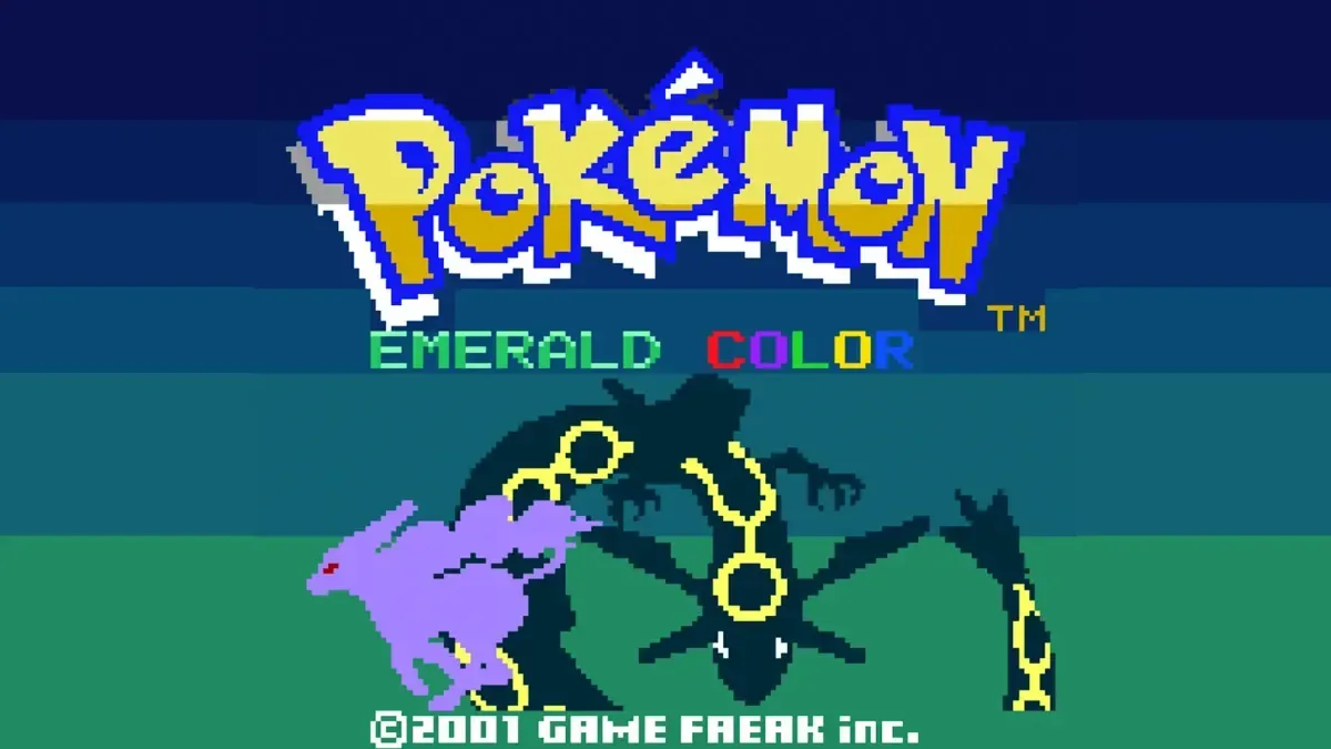 Pokémon Emerald Color fan demake shown in a Game Boy Color-style presentation