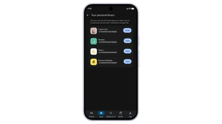 Android phone displaying AI-generated app distribution through a personal Play Store library