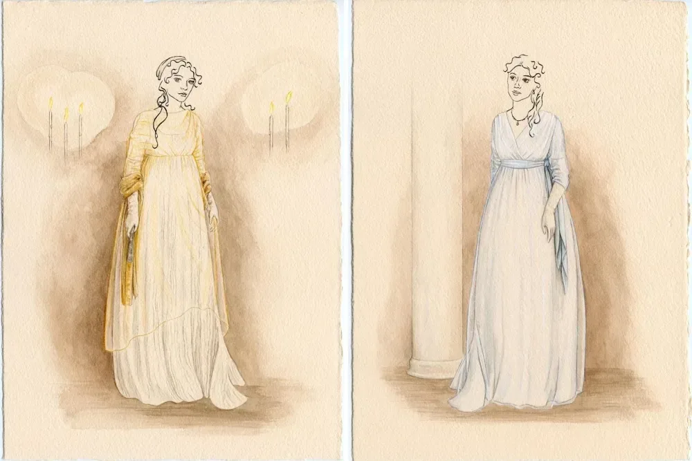Concept artwork showing costume designer Grace Snell’s approach to the Dashwood sisters’ wardrobe
