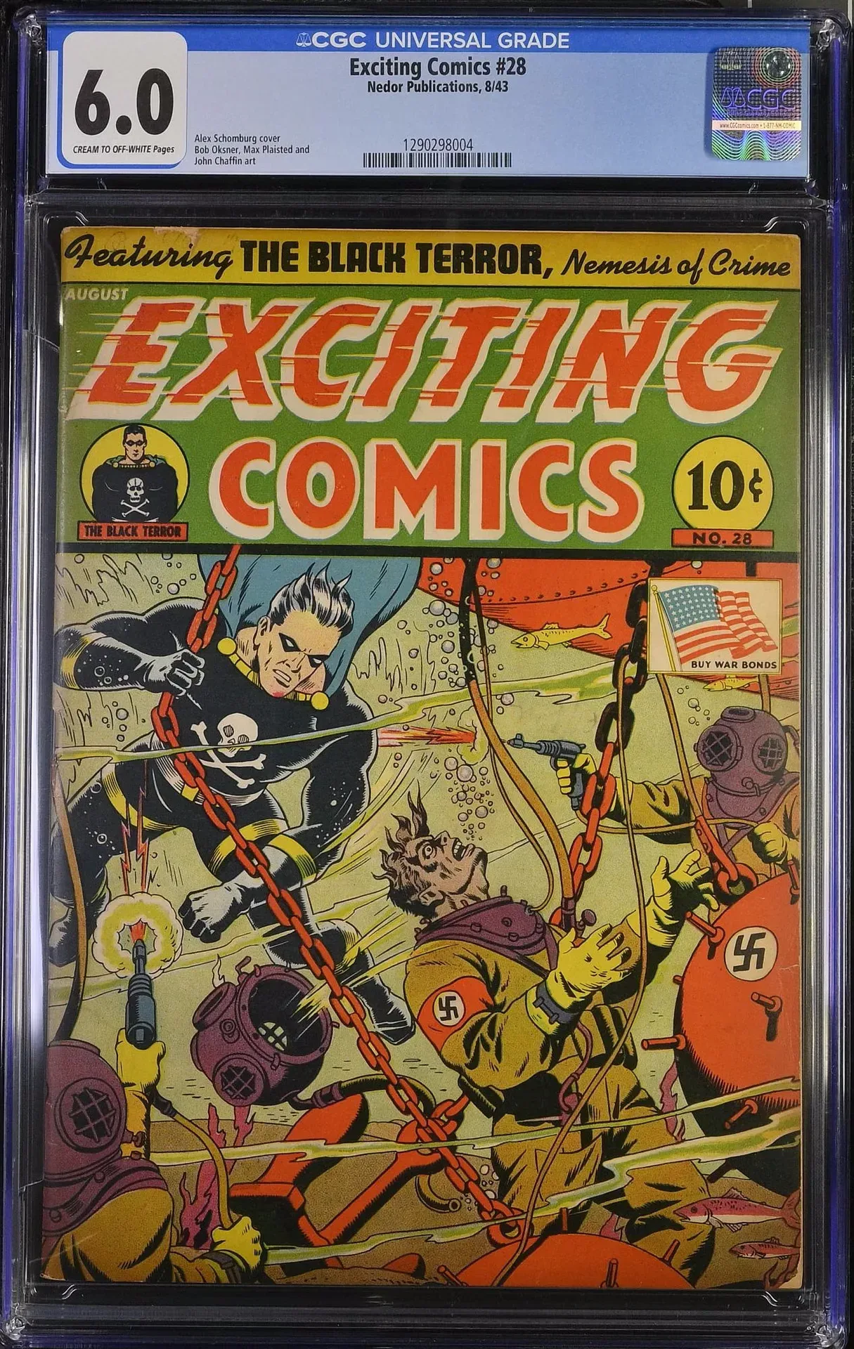 Exciting Comics #28 (Nedor, 1943) front cover by Alex Schomburg. Black Terror battles enemy divers bearing Nazi insignia beneath the water; a Buy War Bonds emblem appears at upper right. The CGC Universal label shows 6.0.