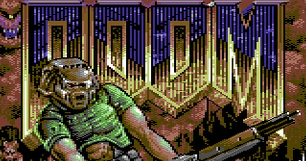 Commodore 64 DOOM64 loading splash screen illustrated by Paul Docherty