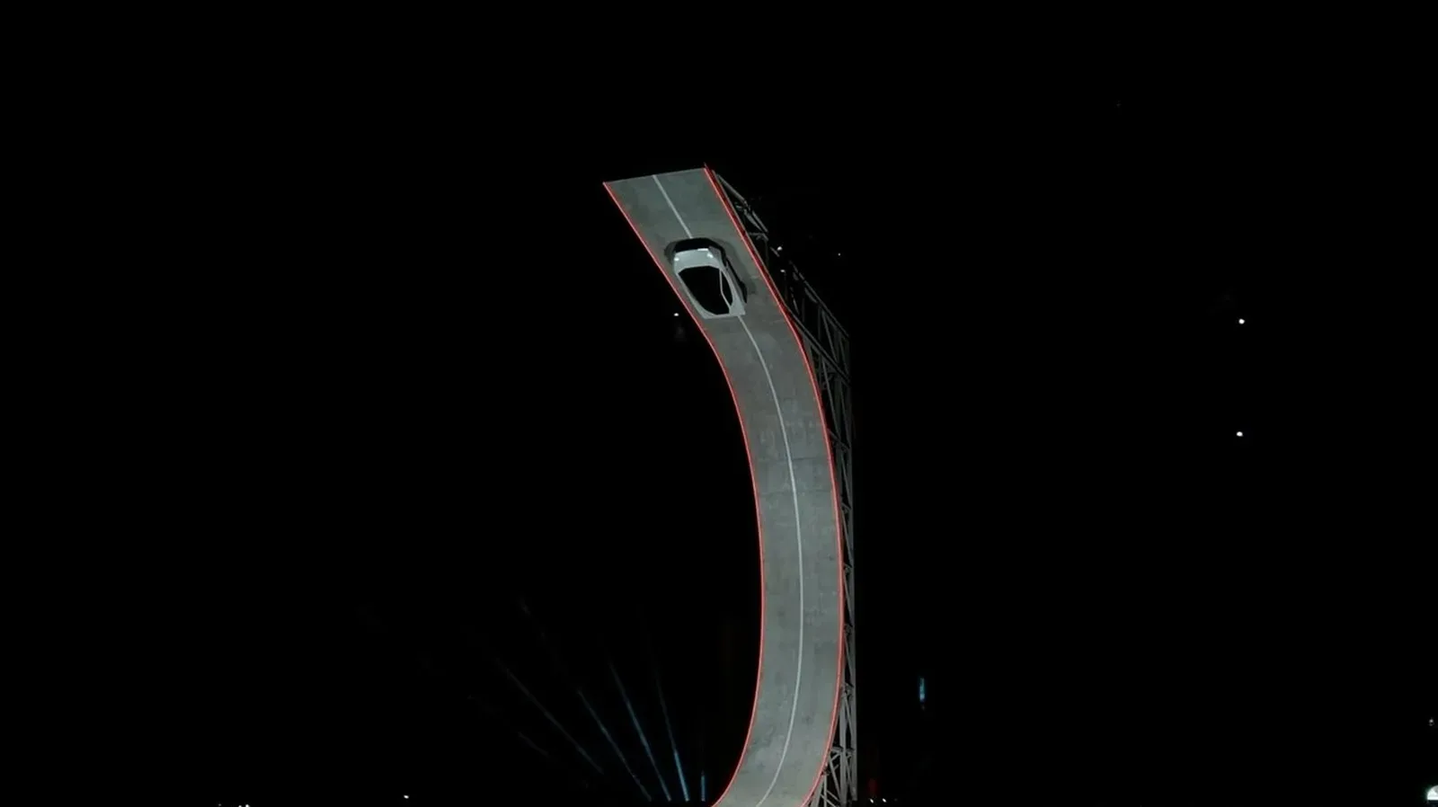 Tesla Roadster demonstrating fan-assisted downforce on a vertical ramp