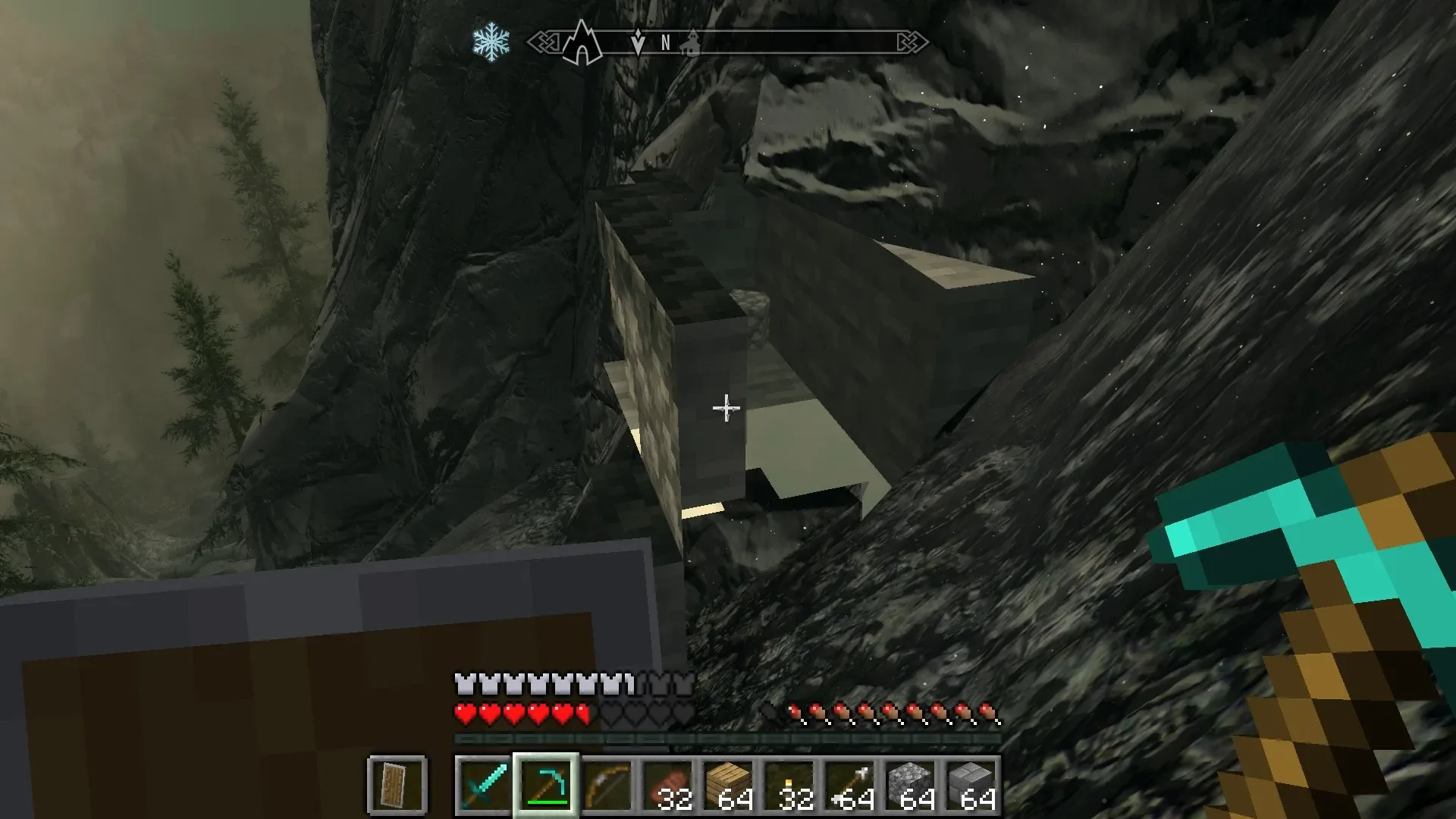 A Minecraft-style crafting interface overlaid on Skyrim gameplay